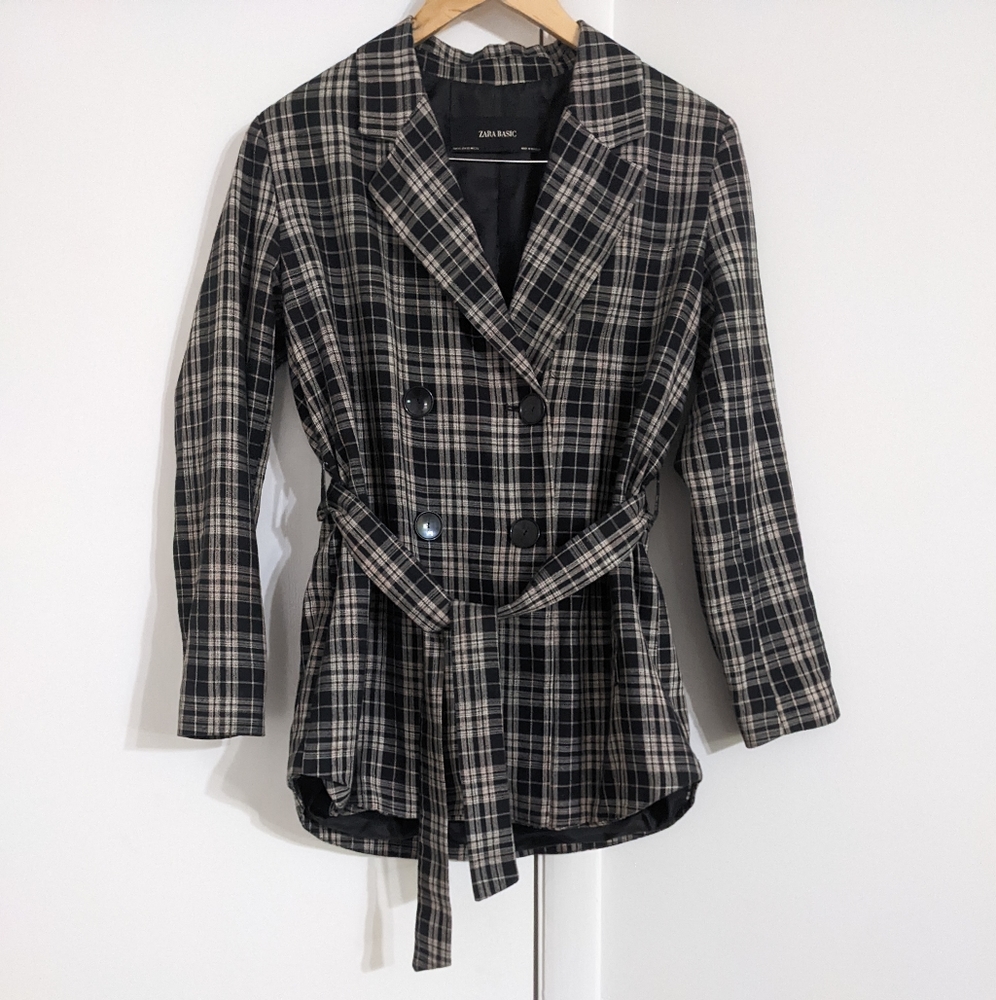 ZARA Basic Plaid Business Professional Double Breasted Jacket Blazer Size XS